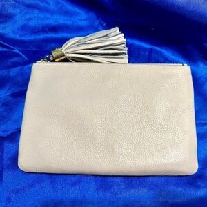 GILI Halo Ivory Leather Clutch - Gold accents, zipper with Chunky Leather Tassel